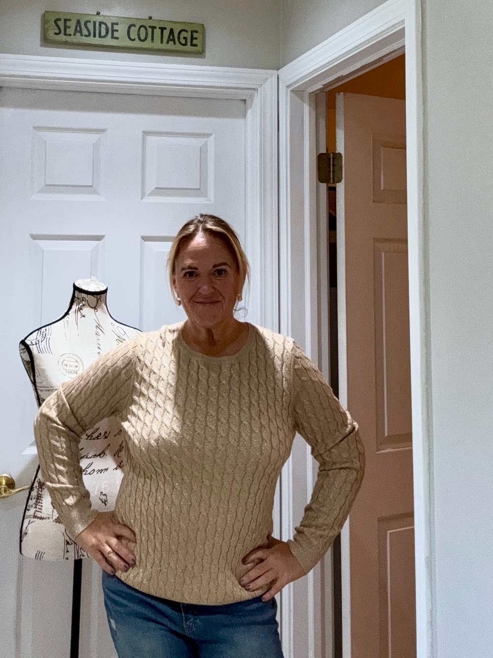 Talbots Sparkly Gold Cable-Knit Crewneck Sweater